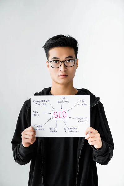 Asian seo manager holding paper with concept words of seo — Stock Photo