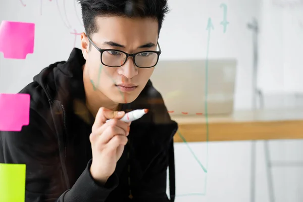 Asian seo manager in glasses painting graphics on glass — Stock Photo