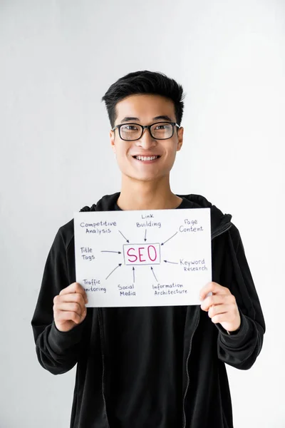 Sorridente asiatico seo manager holding carta con concetto parole di seo — Foto stock