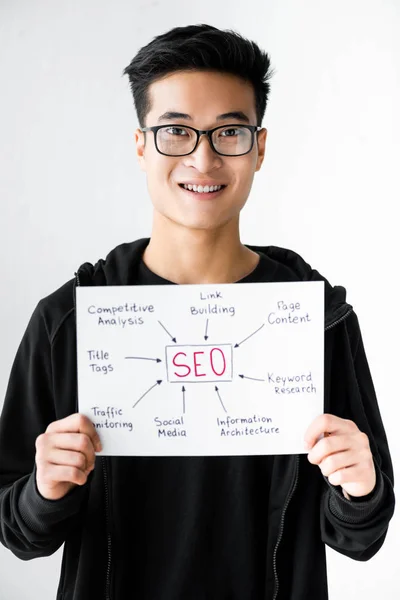 Smiling asian seo manager holding paper with concept words of seo — Stock Photo