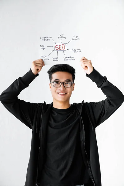 Lächelnder asiatischer SEO-Manager hält Papier mit den Worten SEO — Stockfoto