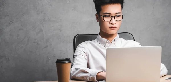 Panoramic shot of asian seo manager sitting at table and using laptop — Stock Photo