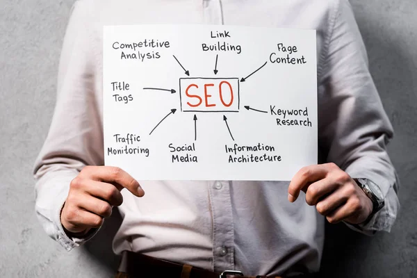 Cropped view of seo manager holding paper with concept words of seo — Stock Photo