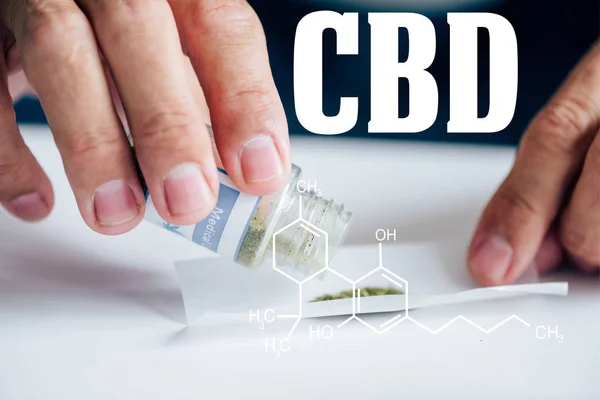 Visão cultivada do homem fazendo articulação de cannabis medicinal com ilustração molécula cbd — Fotografia de Stock