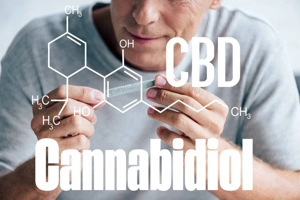 Vista cortada de homem maduro sorridente rolando contundente com cannabis medicinal perto de ilustração molécula cbd — Fotografia de Stock
