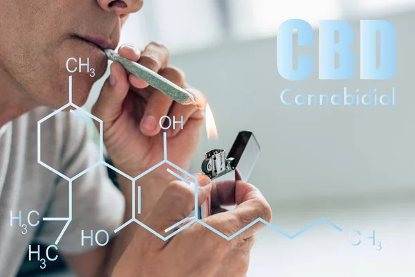 Vista recortada del hombre iluminando romo con cannabis medicinal cerca de la ilustración de moléculas de cbd - foto de stock