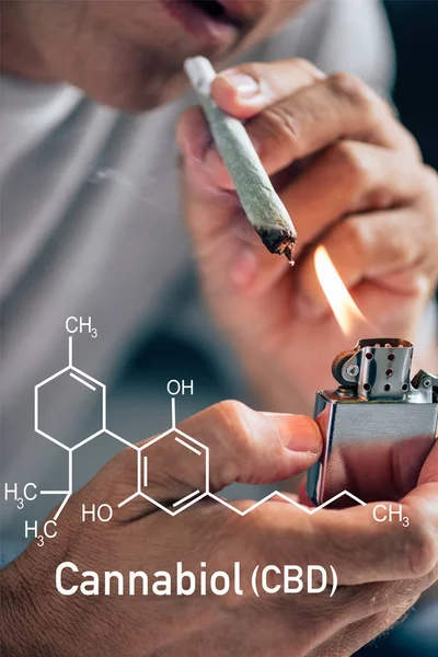 Cropped view of man lighting up blunt with medical cannabis near cbd molecule illustration — Stock Photo