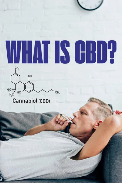 Visão lateral do homem maduro fumando contundente com cannabis medicinal no sofá com o que é questão CBD — Fotografia de Stock