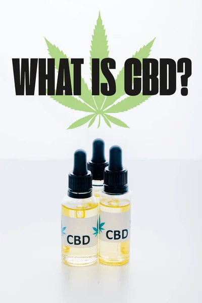 Cbd oil in bottles isolated on white with what is CBD question — Stock Photo