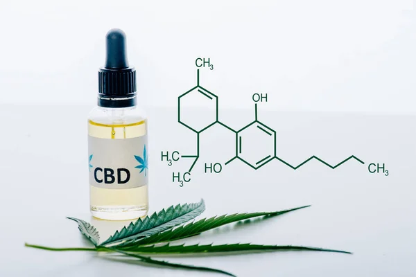Cbd oil in bottle near green marijuana leaf isolated on white with cbd molecule illustration — Stock Photo