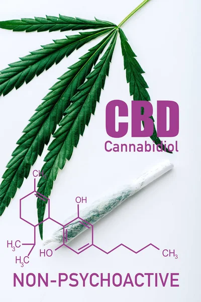 Draufsicht auf medizinisches Marihuana Blatt und Joint auf weißem Hintergrund mit nicht-psychoaktiver cbd Illustration — Stockfoto