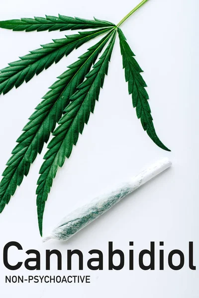 Draufsicht auf medizinisches Marihuana Blatt und Joint auf weißem Hintergrund mit nicht-psychoaktiver cbd Illustration — Stockfoto