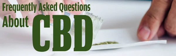 Panoramic shot of man making joint with medical cannabis near frequently asked questions about cbd illustration — Stock Photo