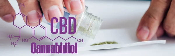 Panoramaaufnahme eines Mannes, der Joint mit medizinischem Cannabis in der Nähe des cbd-Moleküls herstellt — Stockfoto