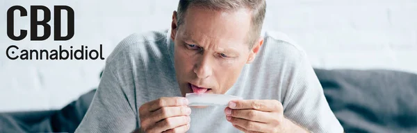 Tiro panorâmico de homem bonito lambendo papel para contundente com cannabis medicinal perto de letras cbd — Fotografia de Stock