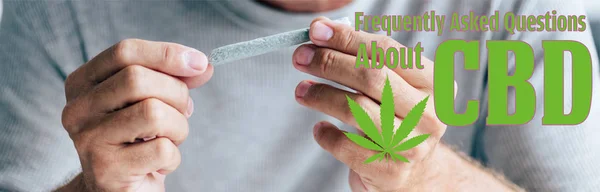 Panoramic shot of man rolling blunt with medical cannabis and frequently asked questions about cbd illustration — Stock Photo