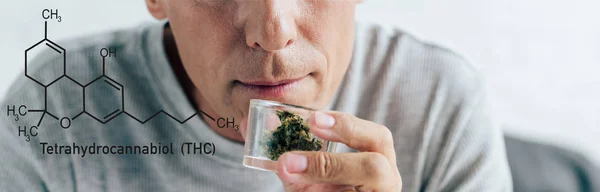 Ausgeschnittene Ansicht eines Mannes im T-Shirt, der medizinisches Cannabis in Glasbehältern hält, Panoramaaufnahme mit Thc-Molekül-Illustration — Stockfoto