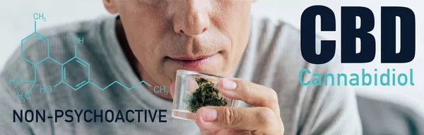 Cropped view of man in t-shirt holding medical cannabis in glass container, panoramic shot with non-psychoactive cbd illustration — Stock Photo