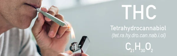 Vista ritagliata dell'uomo che illumina smussato con cannabis medica, colpo panoramico con thc formula illustrazione — Foto stock