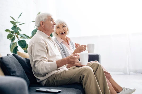 Vista laterale di marito e moglie sorridente che tengono le tazze e si siedono sul divano in appartamento — Foto stock