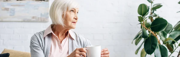 Panoramic shot of senior woman holding cup of tea in apartment — Stock Photo
