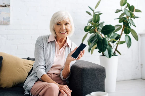 Mujer mayor sonriente sentada en el sofá y sosteniendo el teléfono inteligente en el apartamento - foto de stock