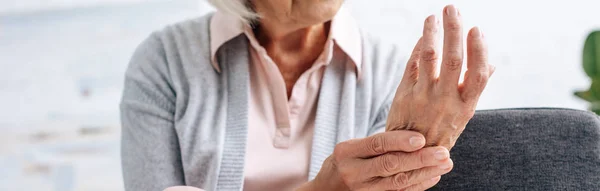 Panorama-Aufnahme von Seniorin mit Arthritis in der Hand in Wohnung — Stockfoto