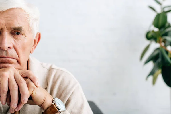 Cropped view of sad senior man looking at camera and holding wooden cane in apartment — Stock Photo