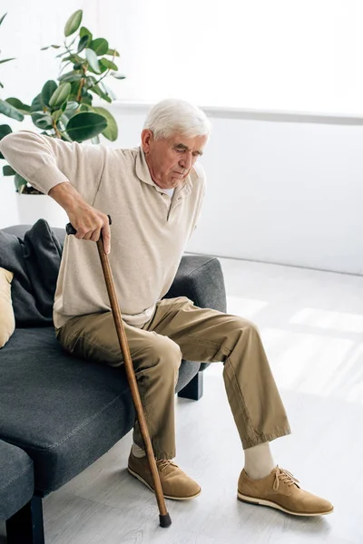 Високий кут зору старшого чоловіка сидить на дивані і тримає дерев'яну тростину в квартирі — стокове фото