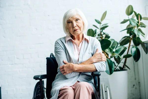 Пожилая женщина, сидящая в инвалидной коляске, смотрит в камеру в квартире — стоковое фото