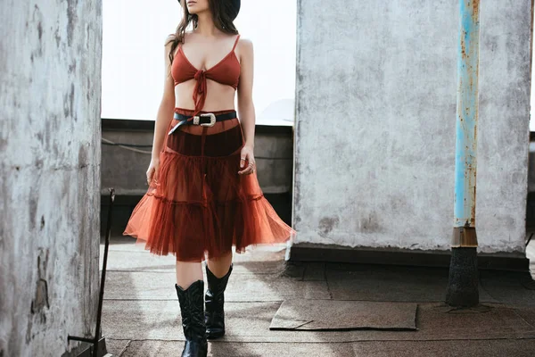 Vista cortada de menina elegante posando em saia vermelha e sutiã no telhado — Fotografia de Stock