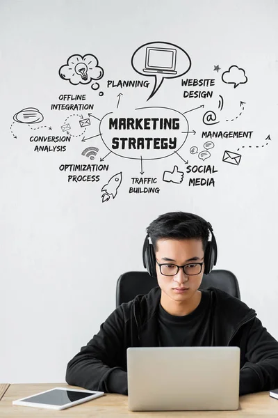 Asian seo manager using laptop and sitting near illustration with concept words of marketing strategy — Stock Photo