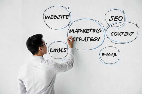 Back view of seo manager writing on wall with illustration of concept words of marketing strategy — Stock Photo