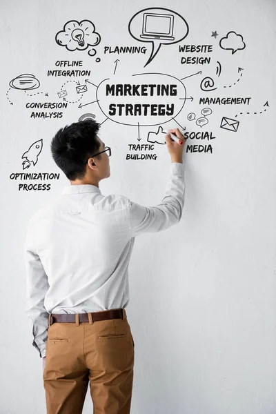 Вид ззаду сео менеджер писати на стіні з ілюстраціями з концептуальними словами ілюстрації маркетингової стратегії — стокове фото