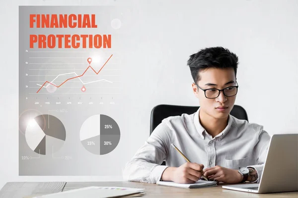 Asian seo manager using laptop and sitting near illustration with financial protection lettering — Stock Photo