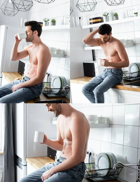 Коллаж с улыбающимся мужчиной без рубашки, пьющим кофе на кухне утром — стоковое фото