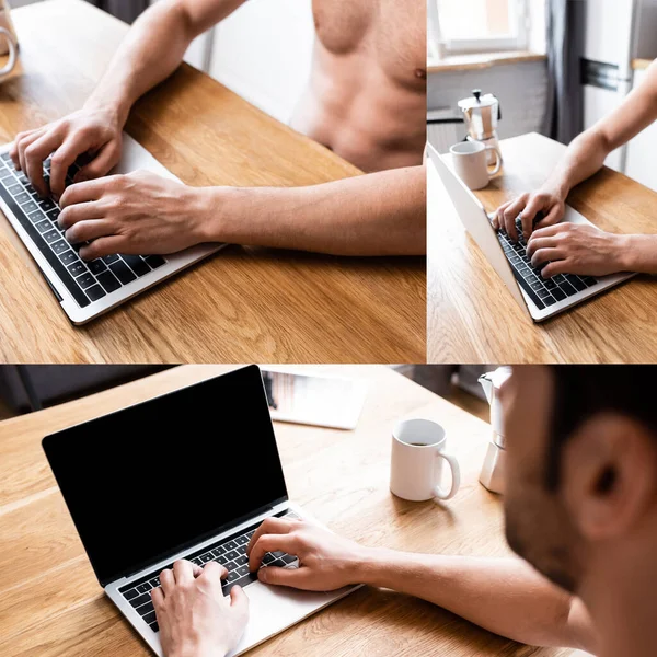 Collage con sexy freelancer sin camisa trabajando en el ordenador portátil en la cocina con taza de café - foto de stock