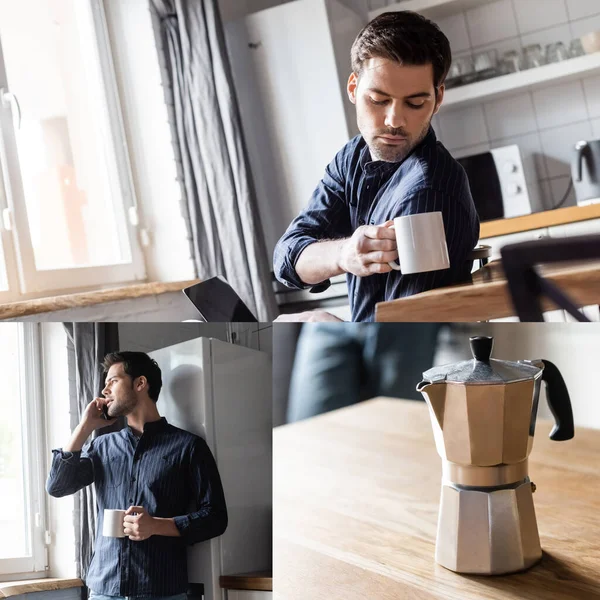 Collage avec bel homme parlant sur smartphone, en utilisant un ordinateur portable et tenant tasse sur la cuisine avec cafetière — Photo de stock