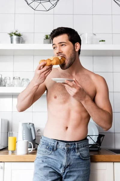 Sexy shirtless man eating croissant on kitchen in morning — Stock Photo