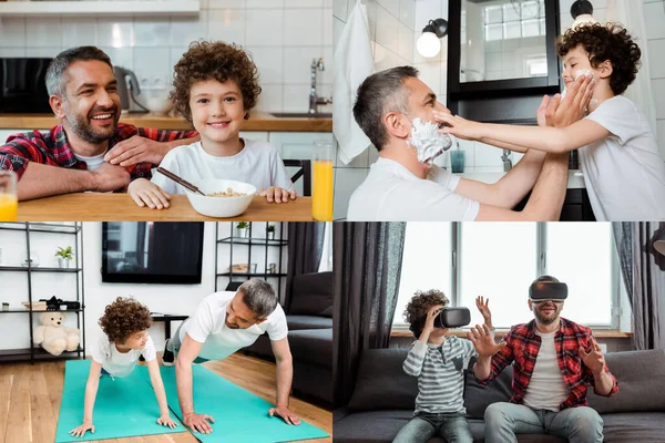 Collage di figlio felice e padre toccare i volti con schiuma da barba, esercizio, utilizzando cuffie realtà virtuale e sorridente vicino a colazione — Foto stock