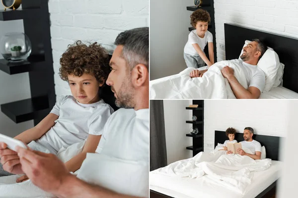 Collage de livre de lecture père et enfant, souriant et utilisant smartphone dans la chambre — Photo de stock