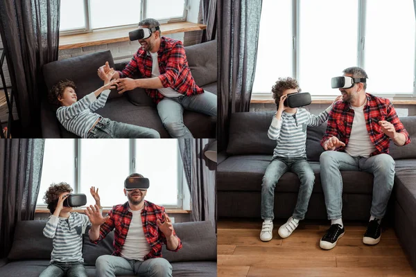 Колаж бородатого батька і кучерявого сина у гарнітурах віртуальної реальності у вітальні — стокове фото