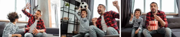 Collage von Vater gibt High Five an Sohn in Virtual-Reality-Headset, Film und Fußballmeisterschaft im Wohnzimmer — Stockfoto