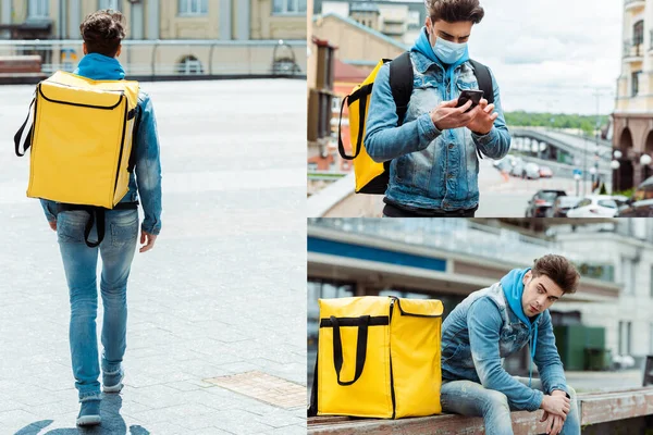 Collage of delivery man with thermo backpack using smartphone and walking on urban street — Stock Photo