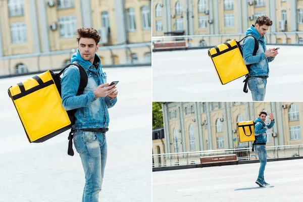 Collage von Zusteller mit Thermo-Rucksack mit Smartphone und winkender Hand auf urbaner Straße — Stockfoto