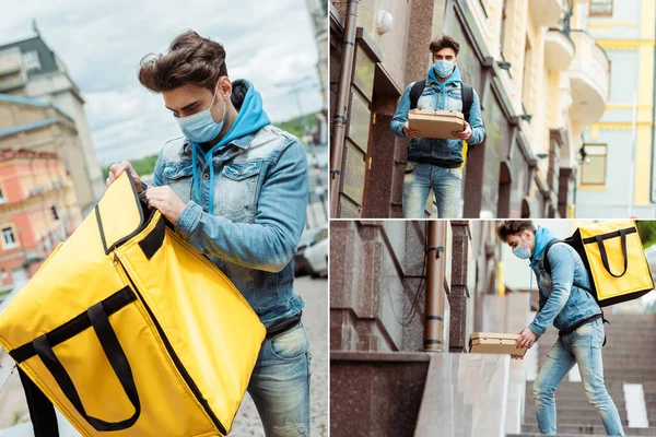 Collage de mensajero en máscara médica sosteniendo cajas de pizza y bolsa térmica en la calle urbana - foto de stock