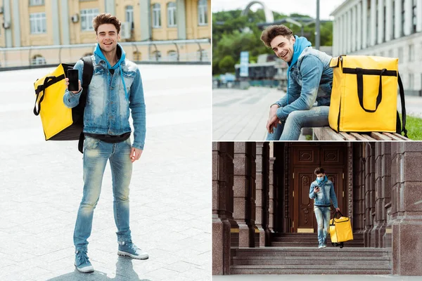 Collage of smiling courier with thermo backpack using smartphone and sitting on bench on urban street — Stock Photo