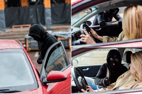 Collage du voleur dans la cagoule tenant le couteau près du conducteur dans la voiture — Photo de stock