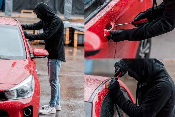 Collage di rapinatore in maschera utilizzando cacciavite durante l'apertura della porta di auto sulla strada urbana — Foto stock