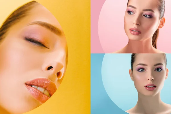 Collage of beautiful naked woman with shiny makeup looking through round paper hole on pink, blue and yellow background — Stock Photo